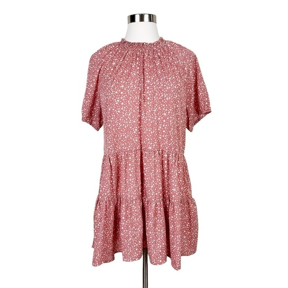 Hayden Los Angeles High Neck Tiered Tunic Top Pink Lightweight Smocked Size S - Picture 1 of 12